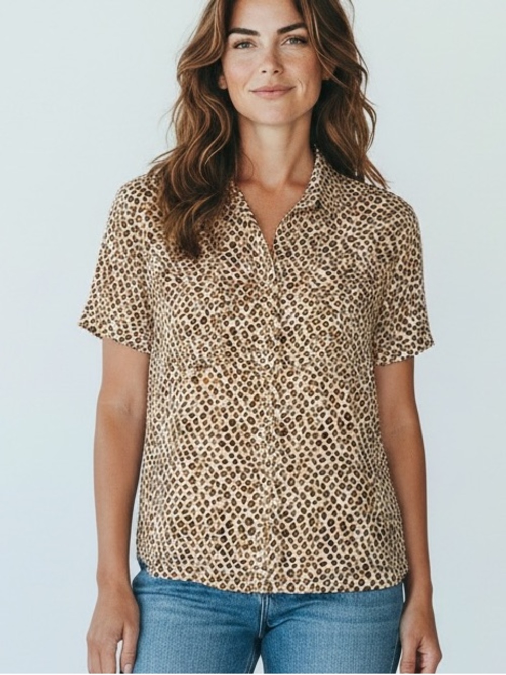 Kathy Che Women’s Leopard Print Button Front Blouse Size Large Petite Y2K